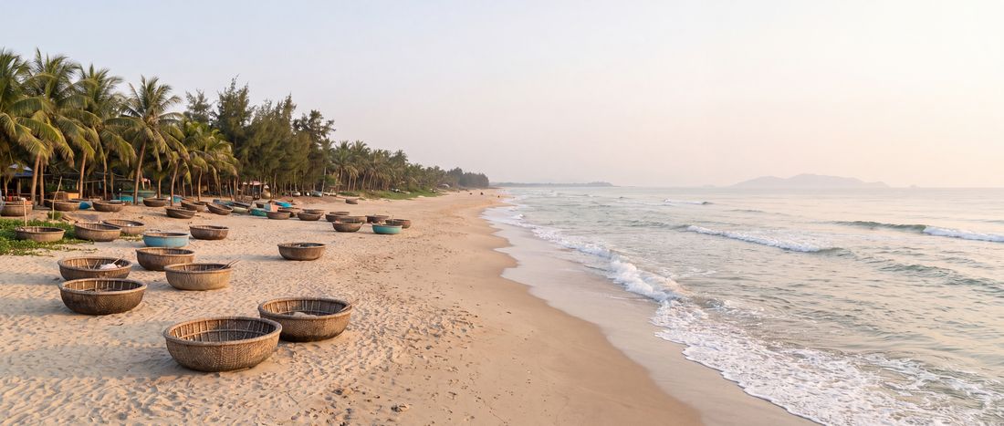 Wide view of An Bang Beach, Hoi An, Vietnam.