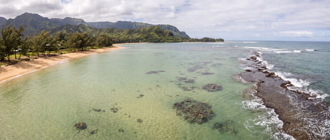 Wide view of Anini Beach, Kauai, Hawaii.