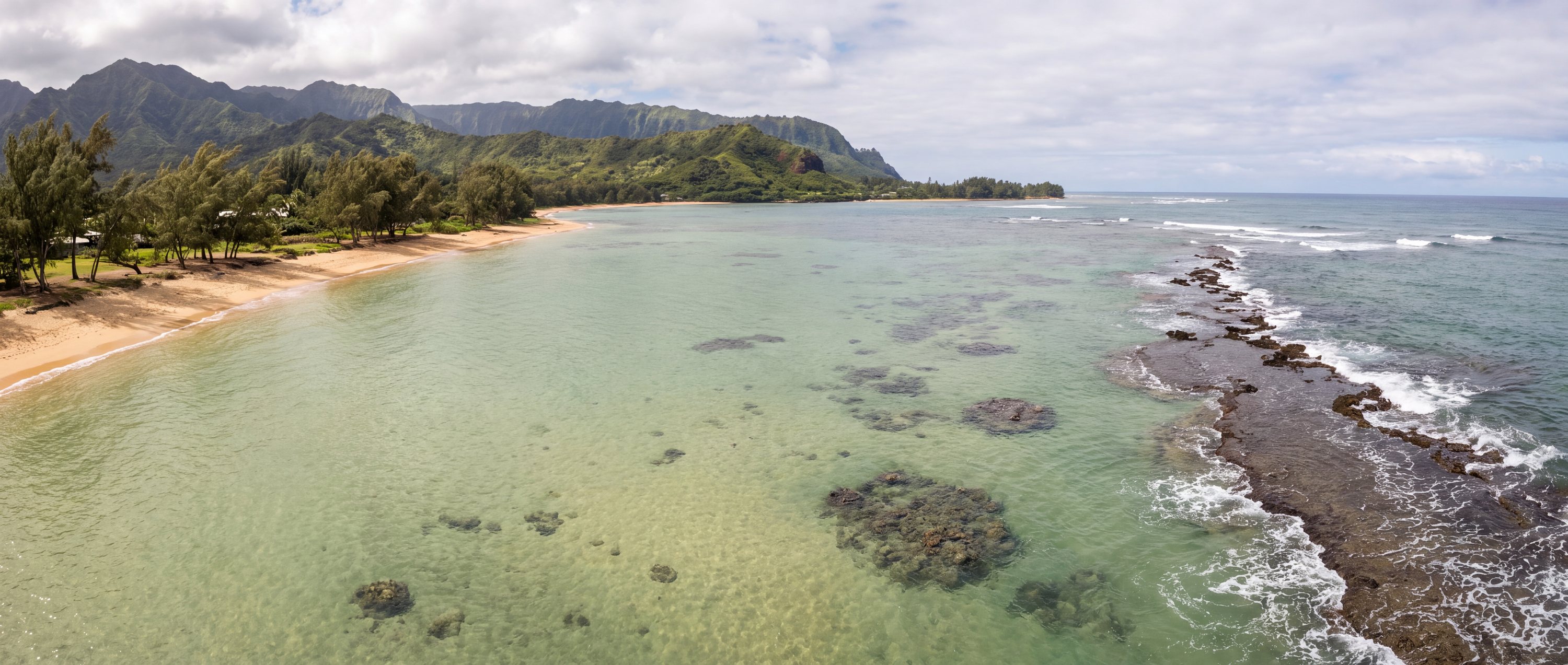 Wide view of Anini Beach, Kauai, Hawaii.