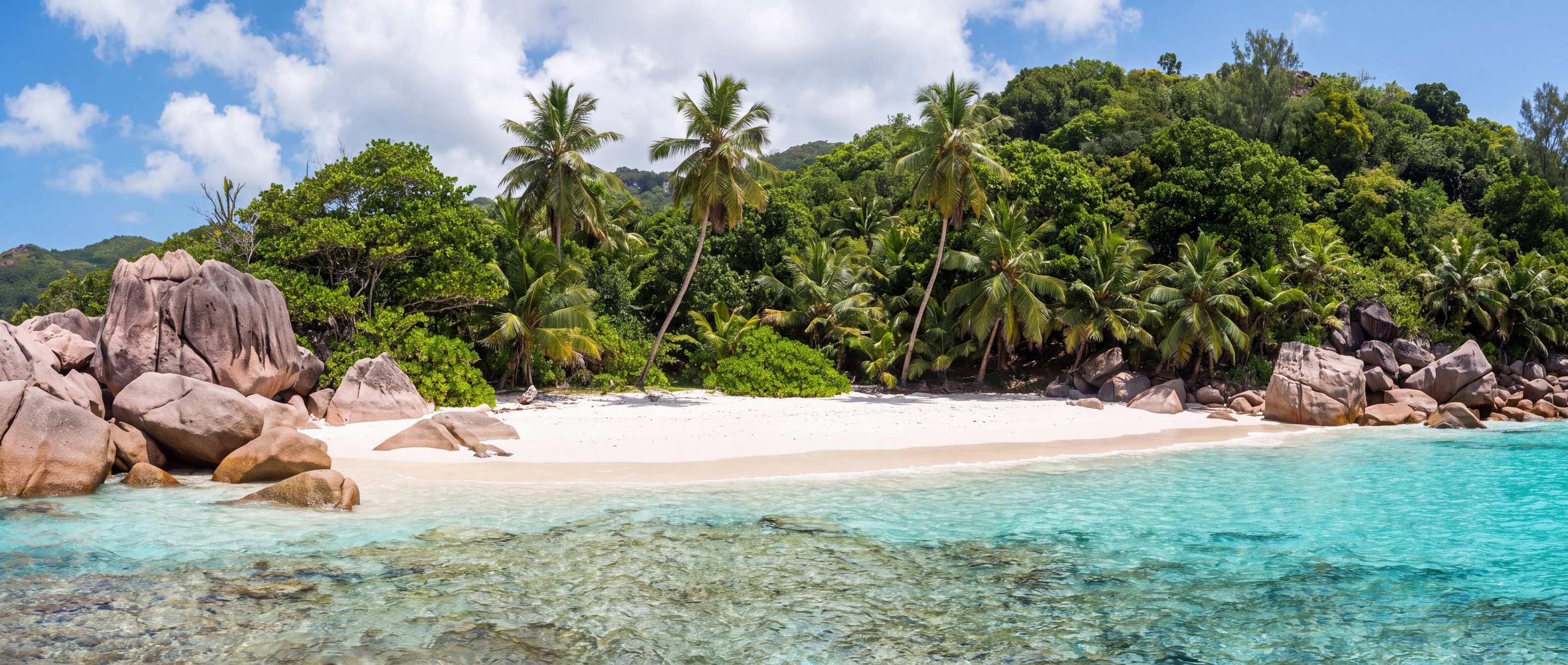Wide view of Anse Georgette, Praslin.