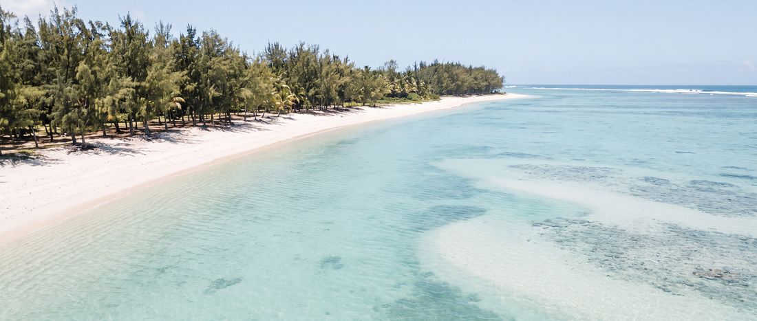 Wide view of Belle Mare Beach, Flacq District.