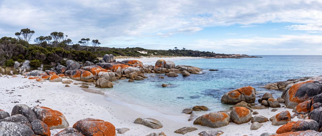 Wide view of Binalong Bay, Bay of Fires, Tasmania.