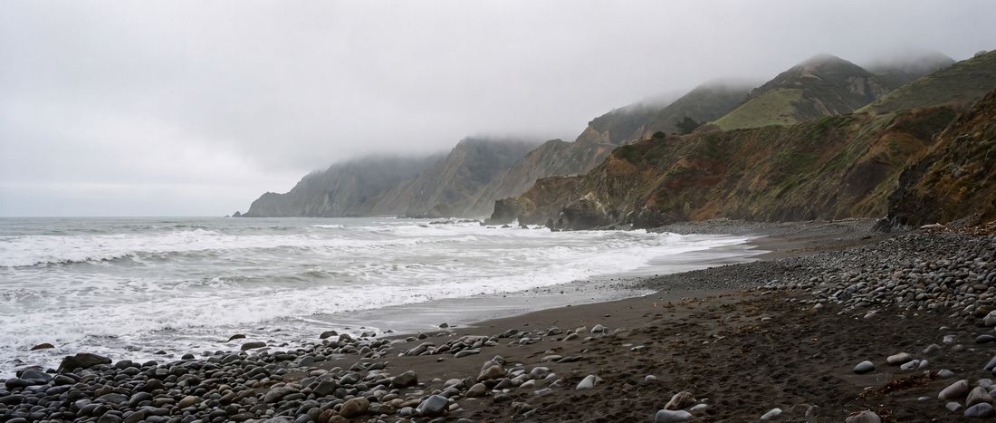 Wide view of Black Sands Beach, Shelter Cove, California.
