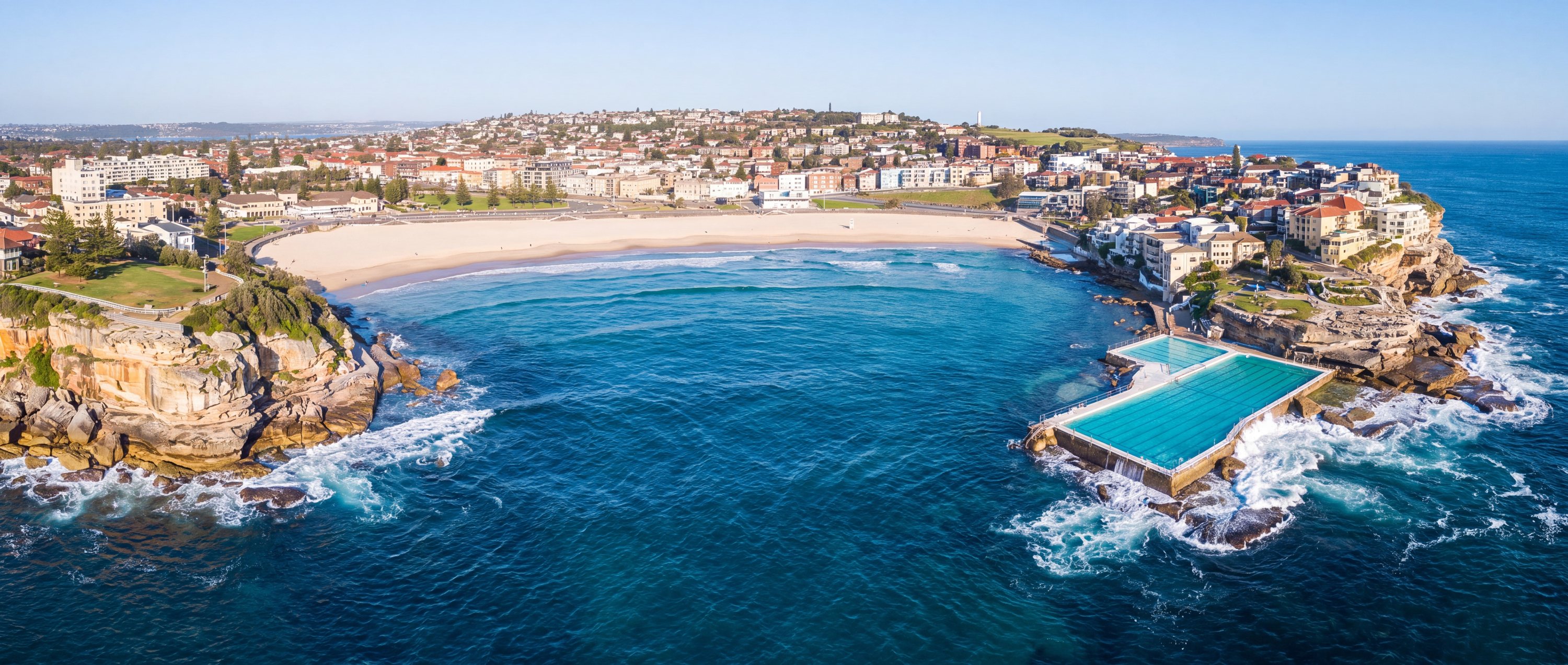 Wide view of Bondi Beach, Sydney, Australia.