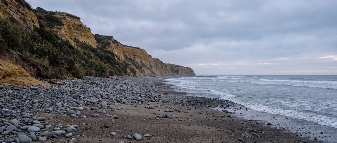 Wide view of Bushy Beach, Oamaru, Otago.
