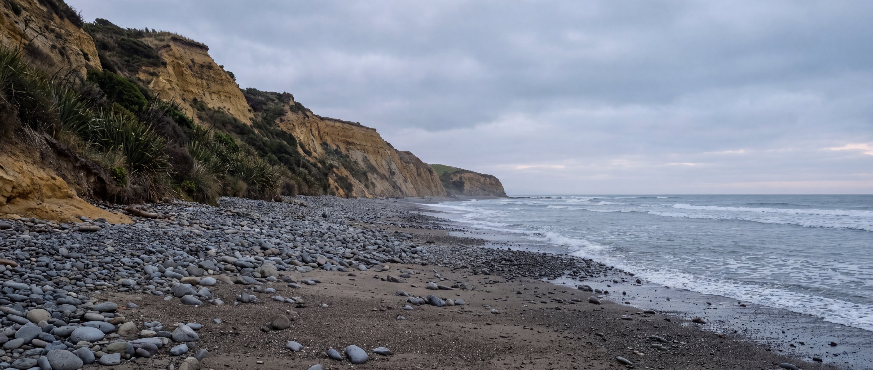 Wide view of Bushy Beach, Oamaru, Otago.