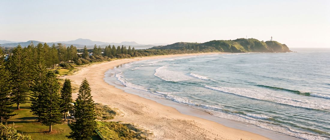 Wide view of Byron Bay Main Beach, New South Wales.