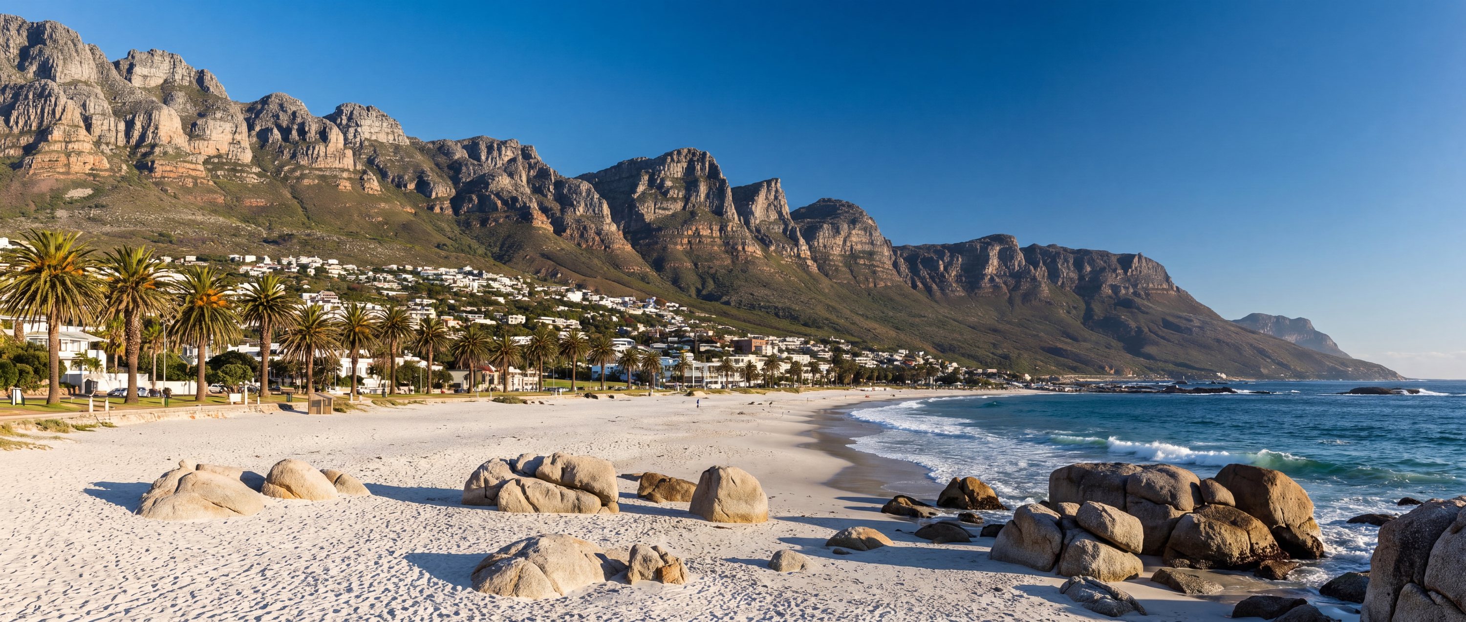 Wide view of Camps Bay Beach, Cape Town, South Africa.