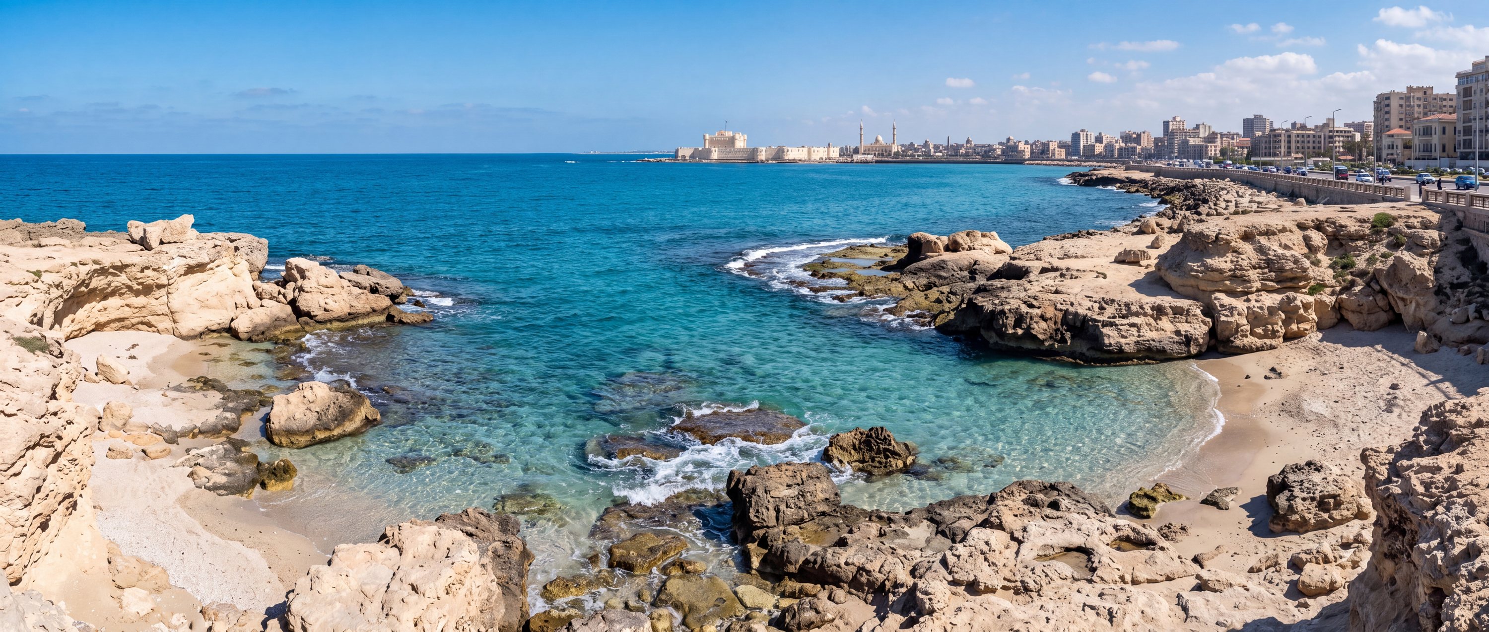 Wide view of Cleopatra Beach, Alexandria.
