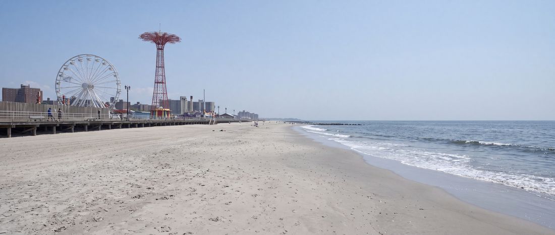 Wide view of Coney Island Beach, Brooklyn, New York.