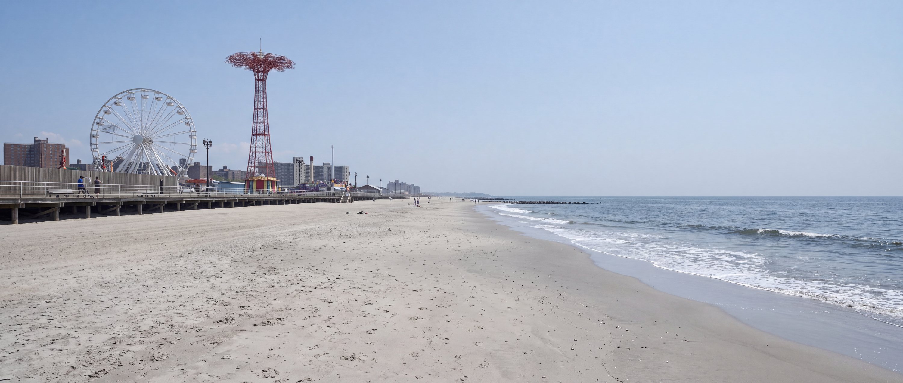 Wide view of Coney Island Beach, Brooklyn, New York.