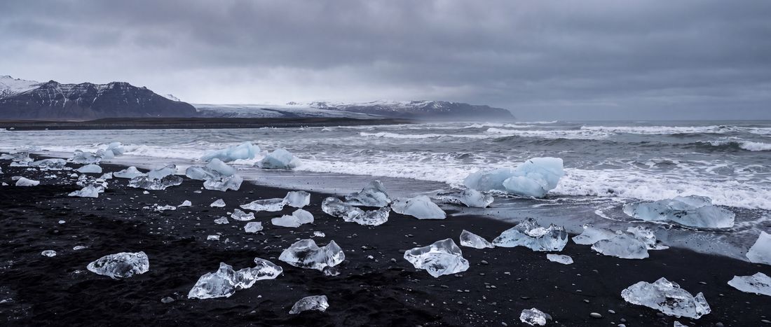 Wide view of Diamond Beach, Fellsfjara, Iceland.
