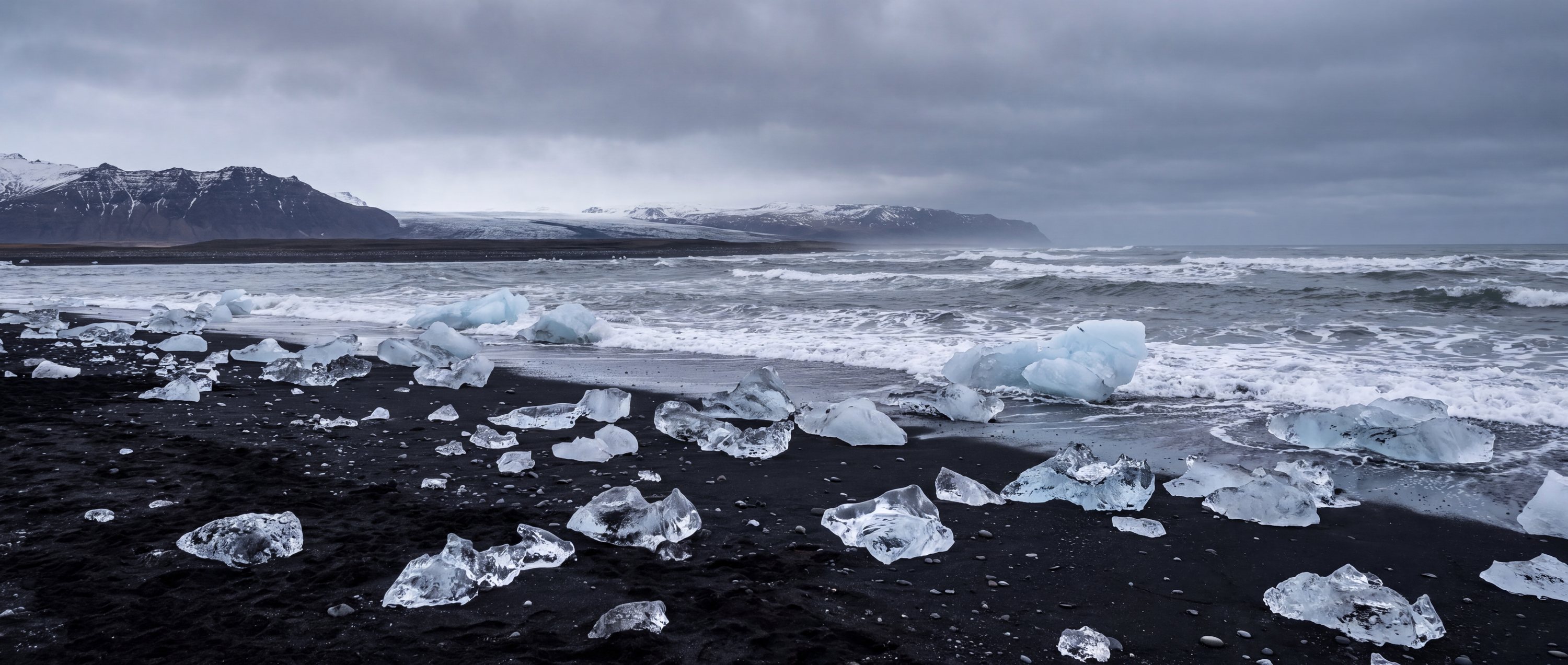 Wide view of Diamond Beach, Fellsfjara, Iceland.