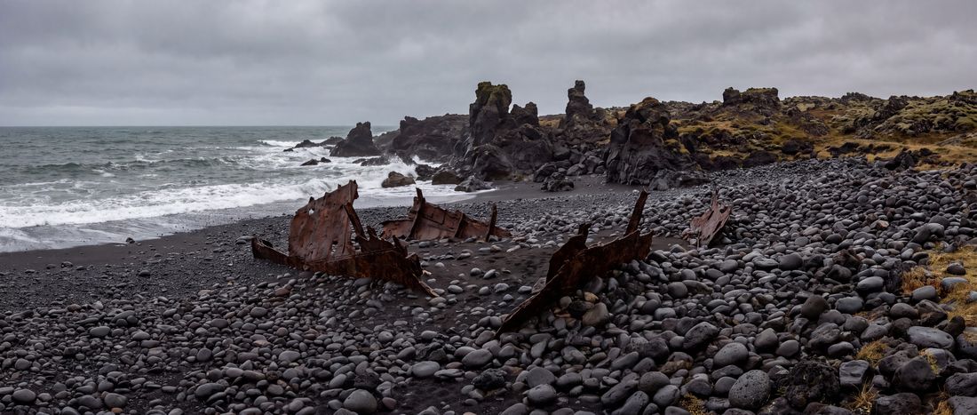 Wide view of Djupalonssandur, Snaefellsnes, Iceland.