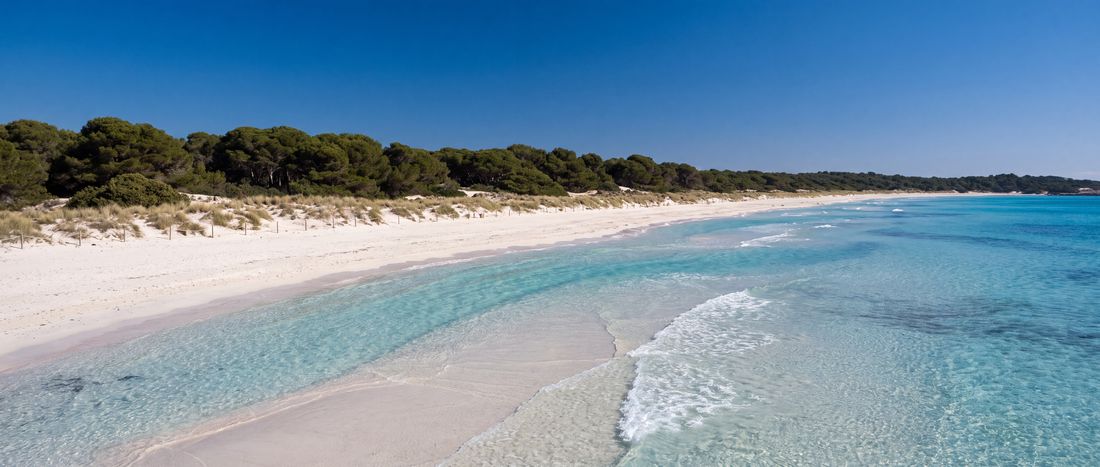 Wide view of Platja d'es Trenc, Mallorca, Spain.