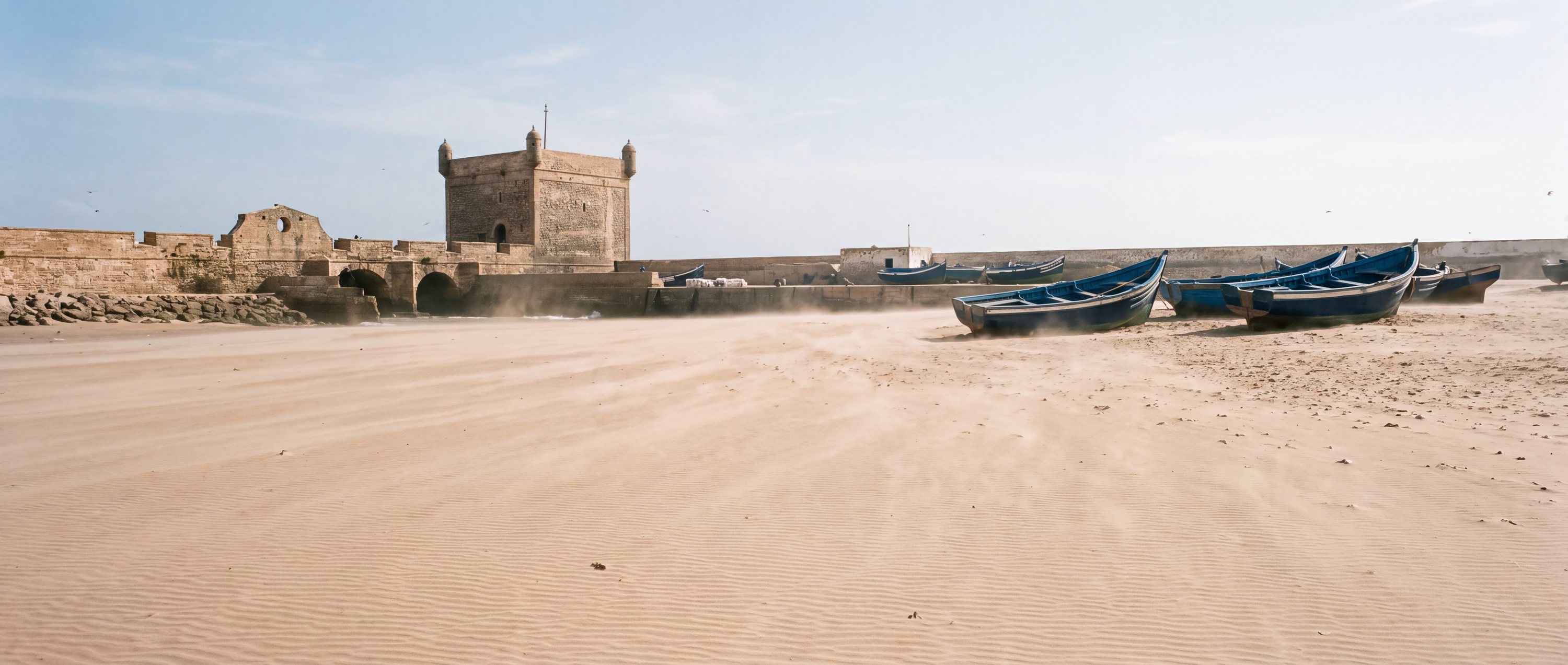 Wide view of Essaouira Beach, Marrakech-Safi.