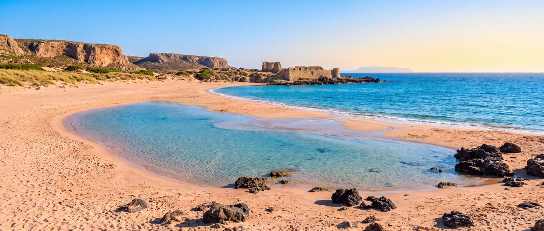 Wide view of Falassarna Beach, Crete.