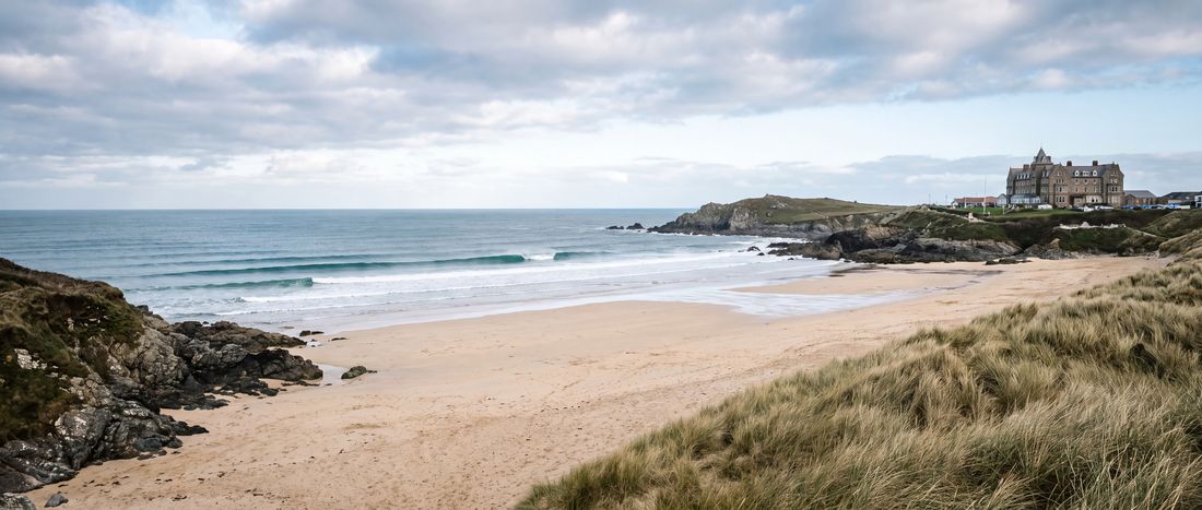 Wide view of Fistral Beach, Newquay, Cornwall.