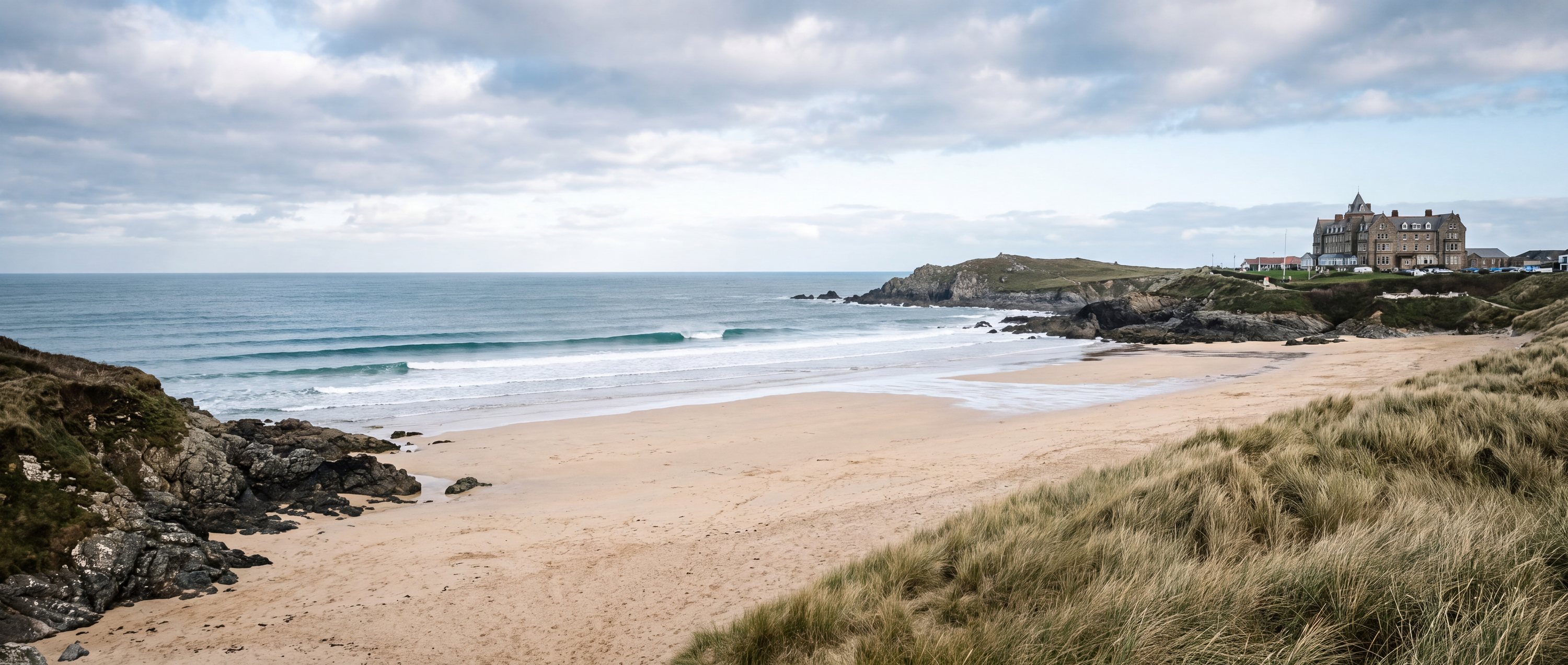 Wide view of Fistral Beach, Newquay, Cornwall.