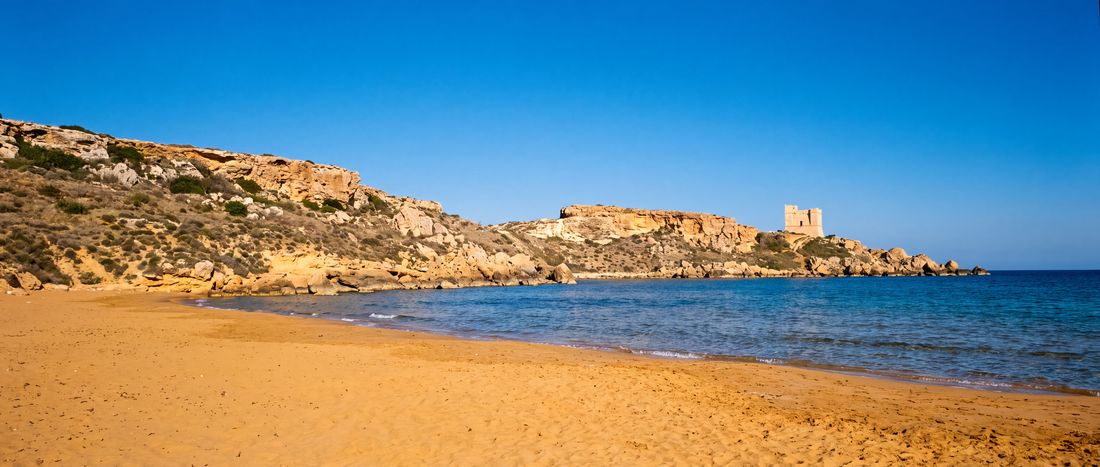 Wide view of Golden Bay, Mellieha, Malta.