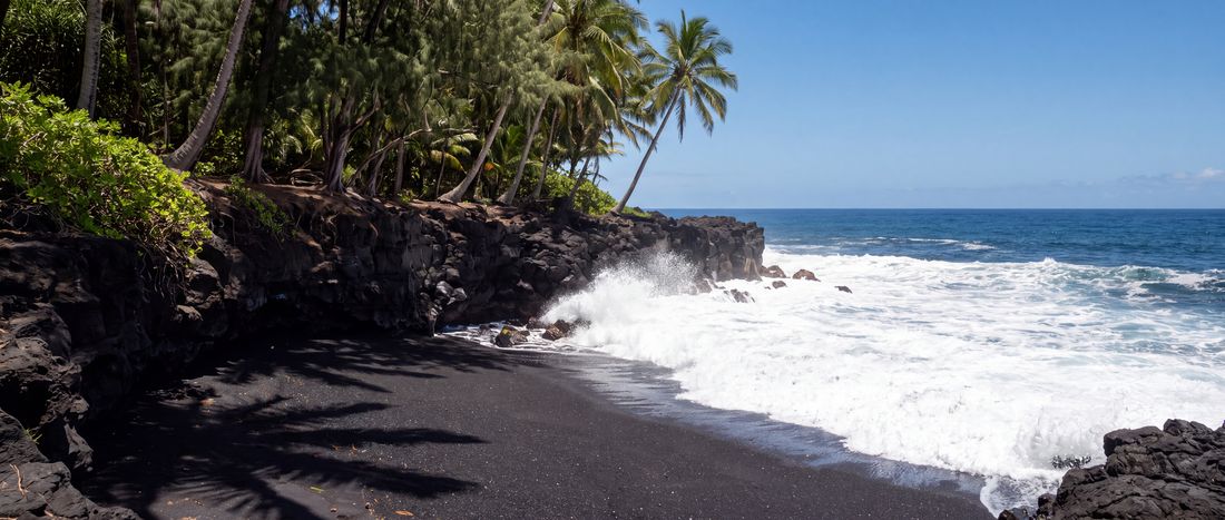 Wide view of Kehena Beach, Puna, Hawaii Island.