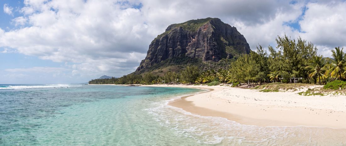 Wide view of Le Morne Beach, Black River District.