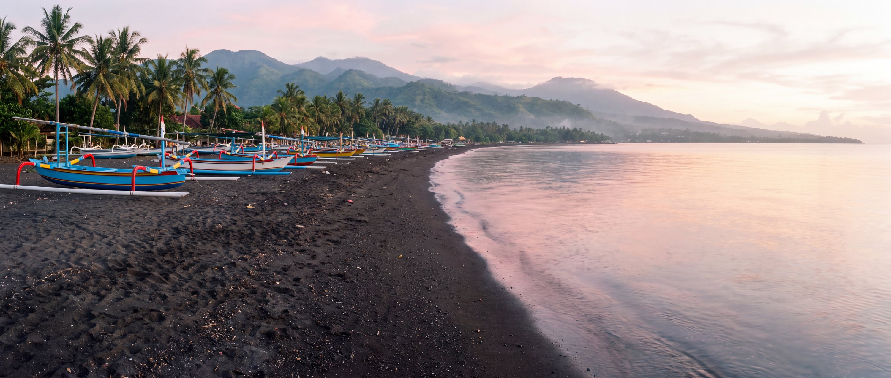Wide view of Lovina Beach, north Bali, Indonesia.