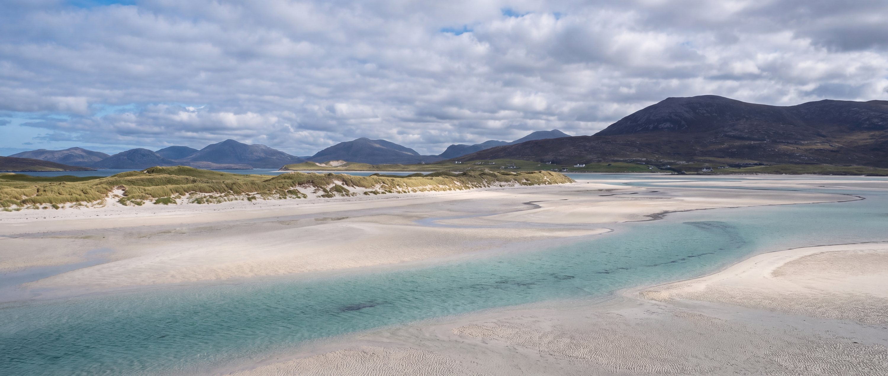 Wide view of Luskentyre Beach, Isle of Harris, Scotland.