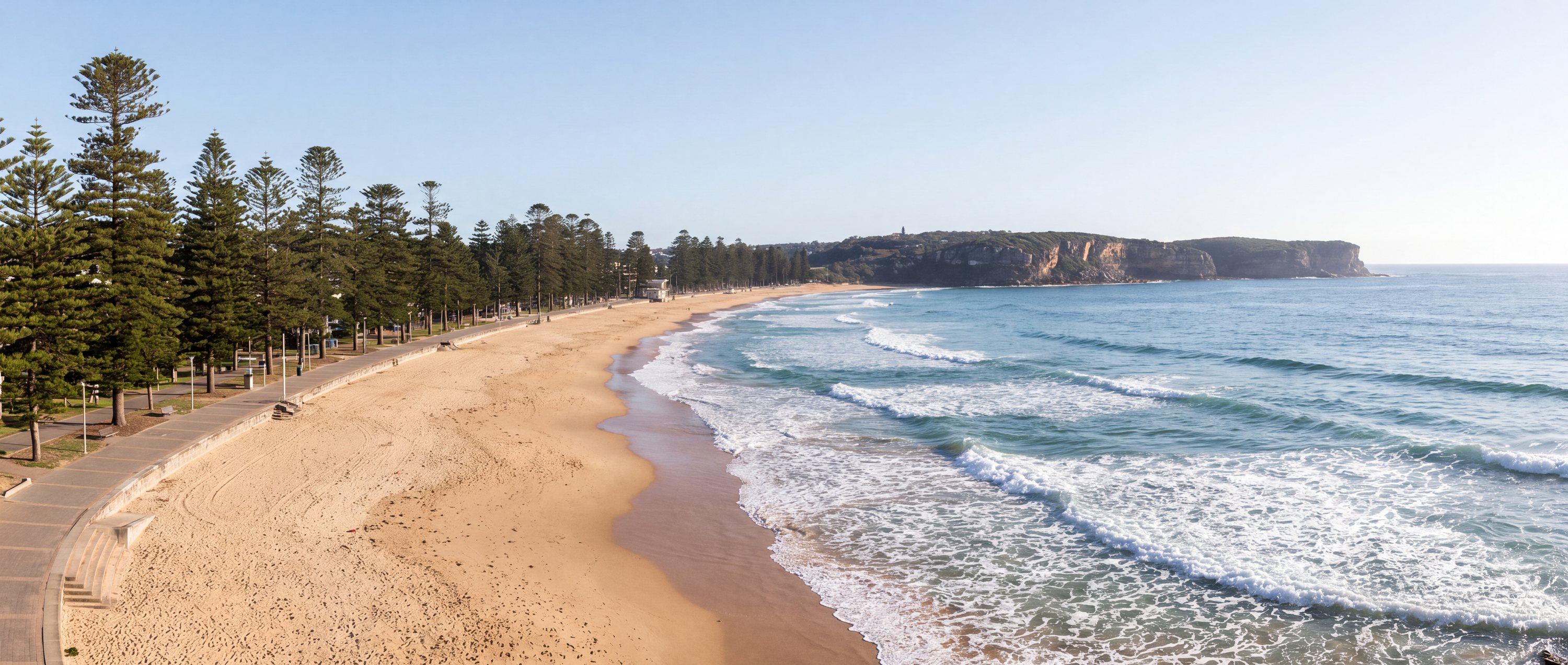 Wide view of Manly Beach, Sydney, New South Wales.