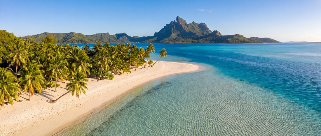 Wide view of Matira Beach, Bora Bora, French Polynesia.