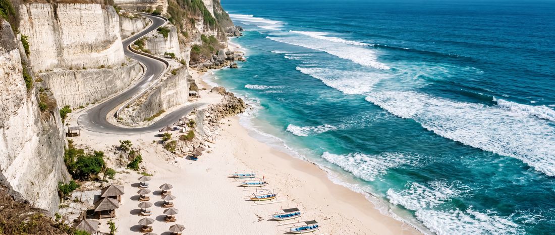 Wide view of Melasti Beach, Bali.
