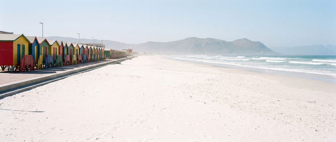Wide view of Muizenberg Beach, Cape Town.