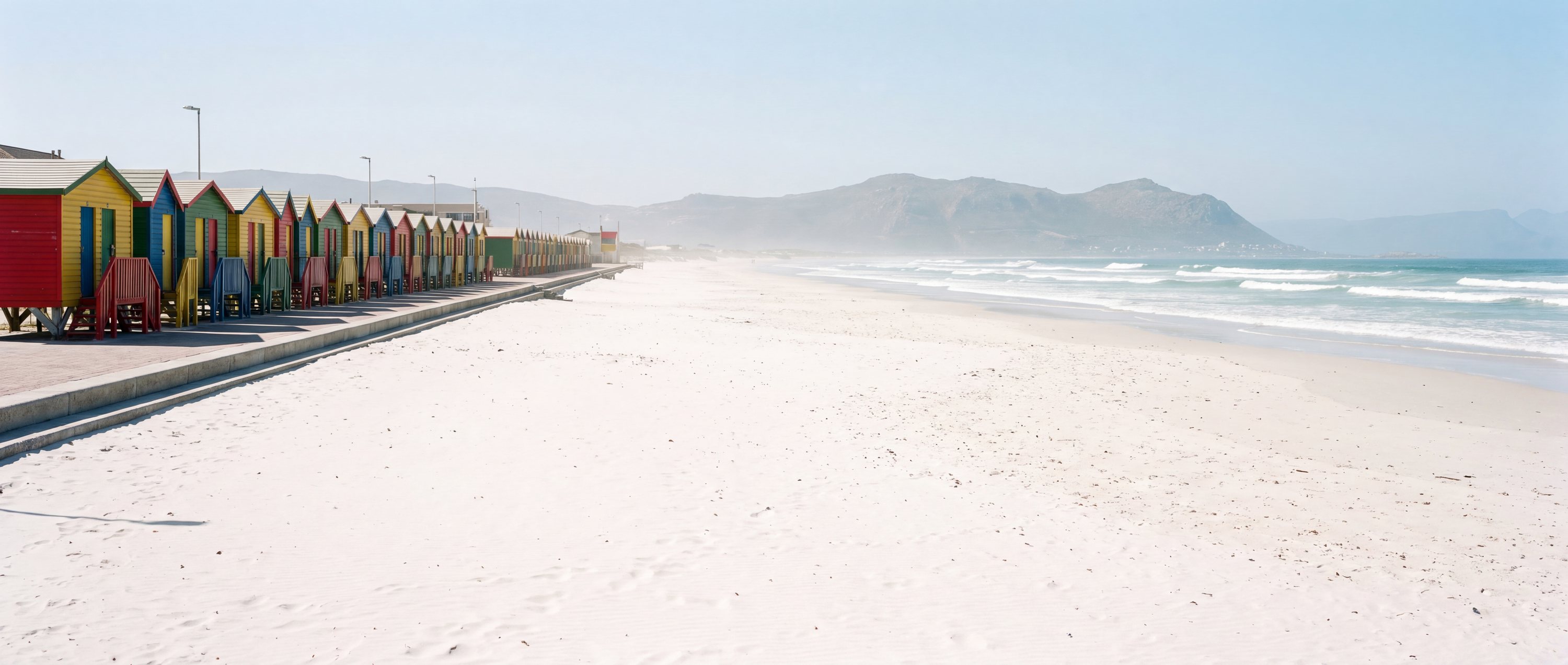 Wide view of Muizenberg Beach, Cape Town.