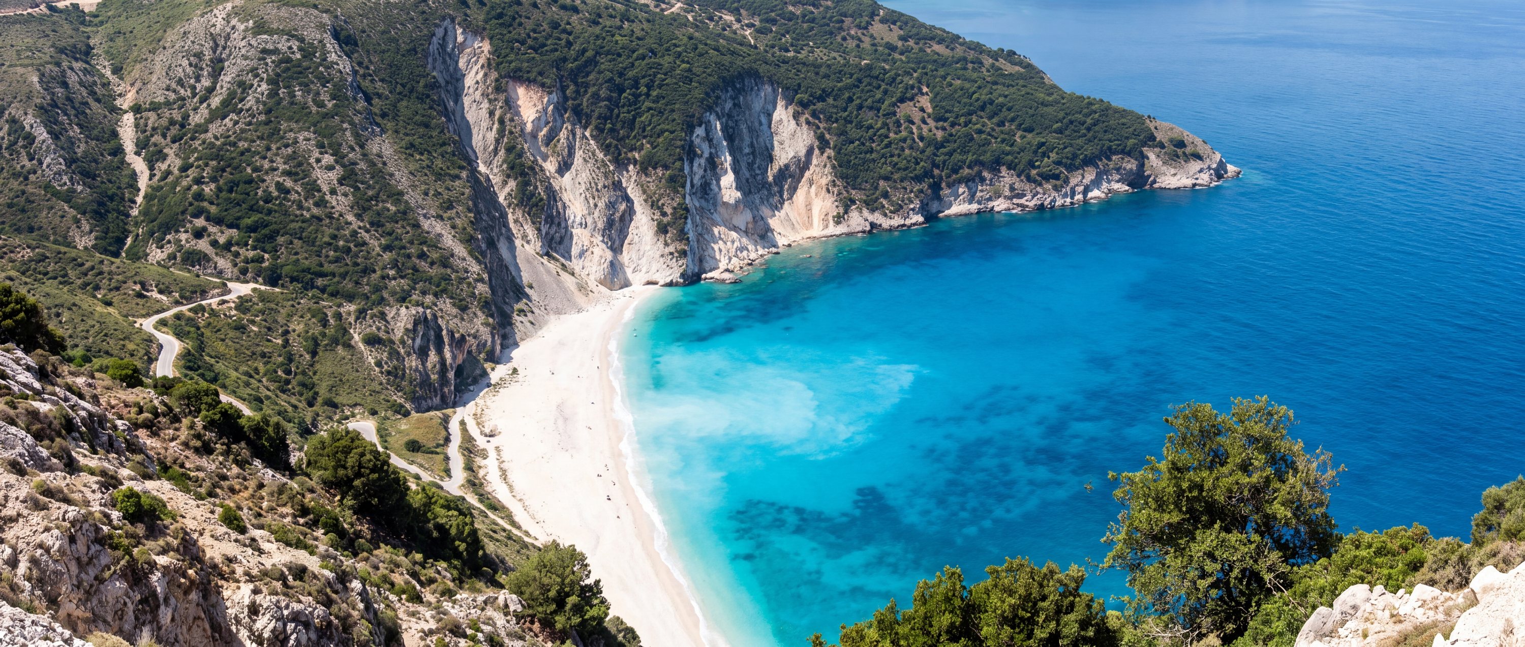 Wide view of Myrtos Beach, Kefalonia, Greece.