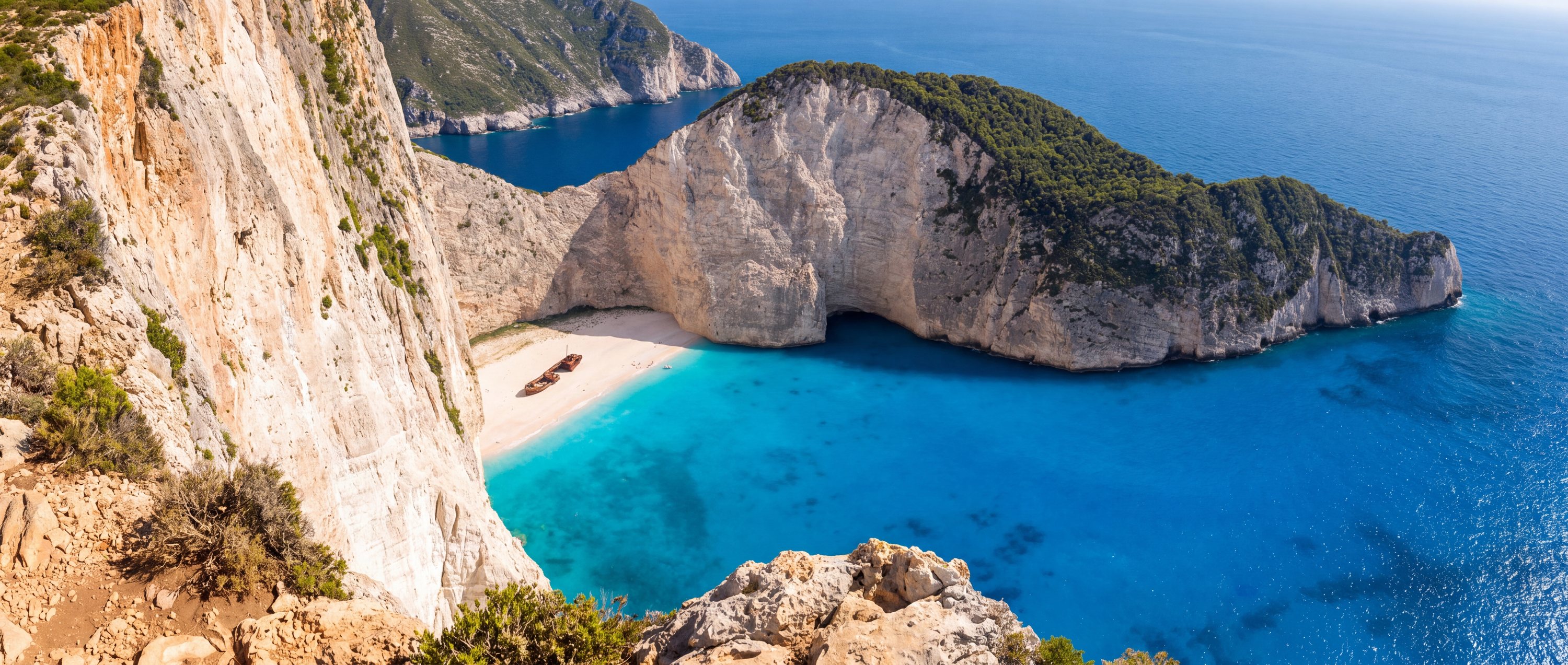 Wide view of Navagio, Zakynthos, Greece.