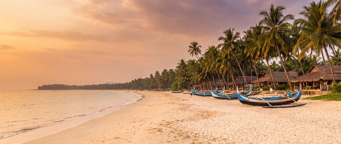 Wide view of Ngapali Beach, Rakhine State, Myanmar.