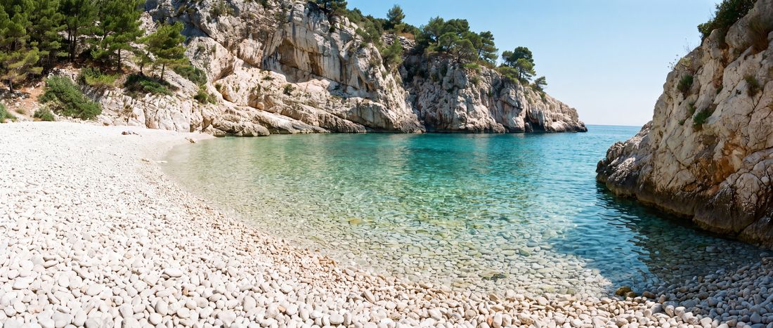 Wide view of Nugal Beach, Makarska, Croatia.