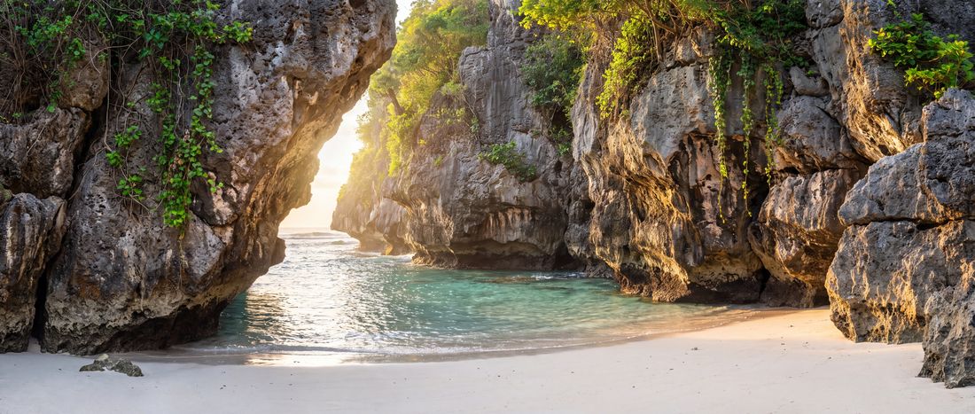 Wide view of Padang Padang Beach, Bali, Indonesia.