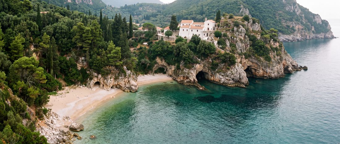 Wide view of Paleokastritsa Beach, Ionian Islands.