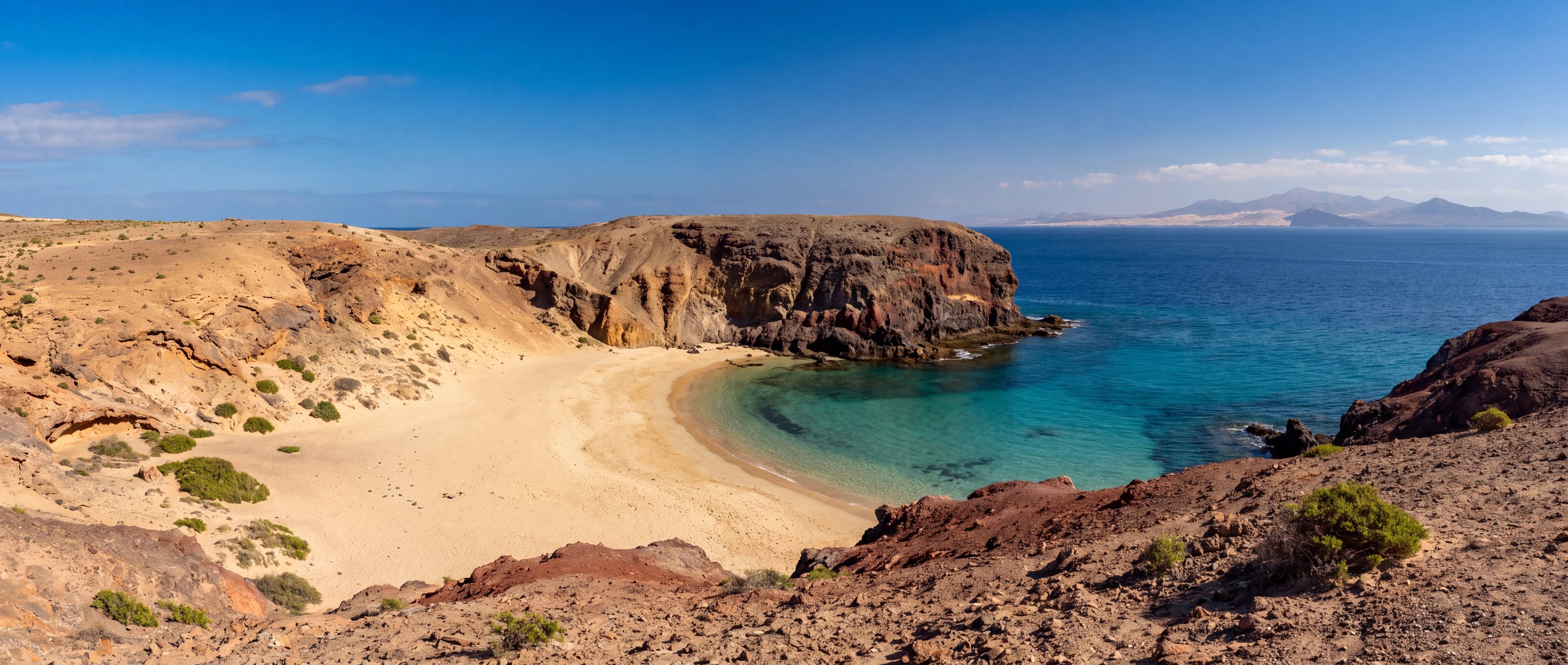 Wide view of Playa de Papagayo, Lanzarote, Canary Islands.