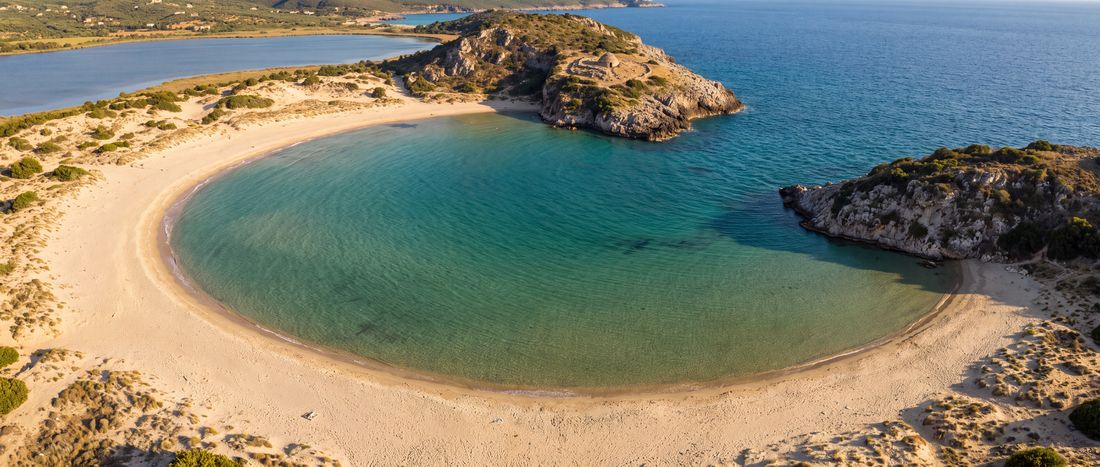 Wide view of Voidokoilia Beach, Messenia, Peloponnese.