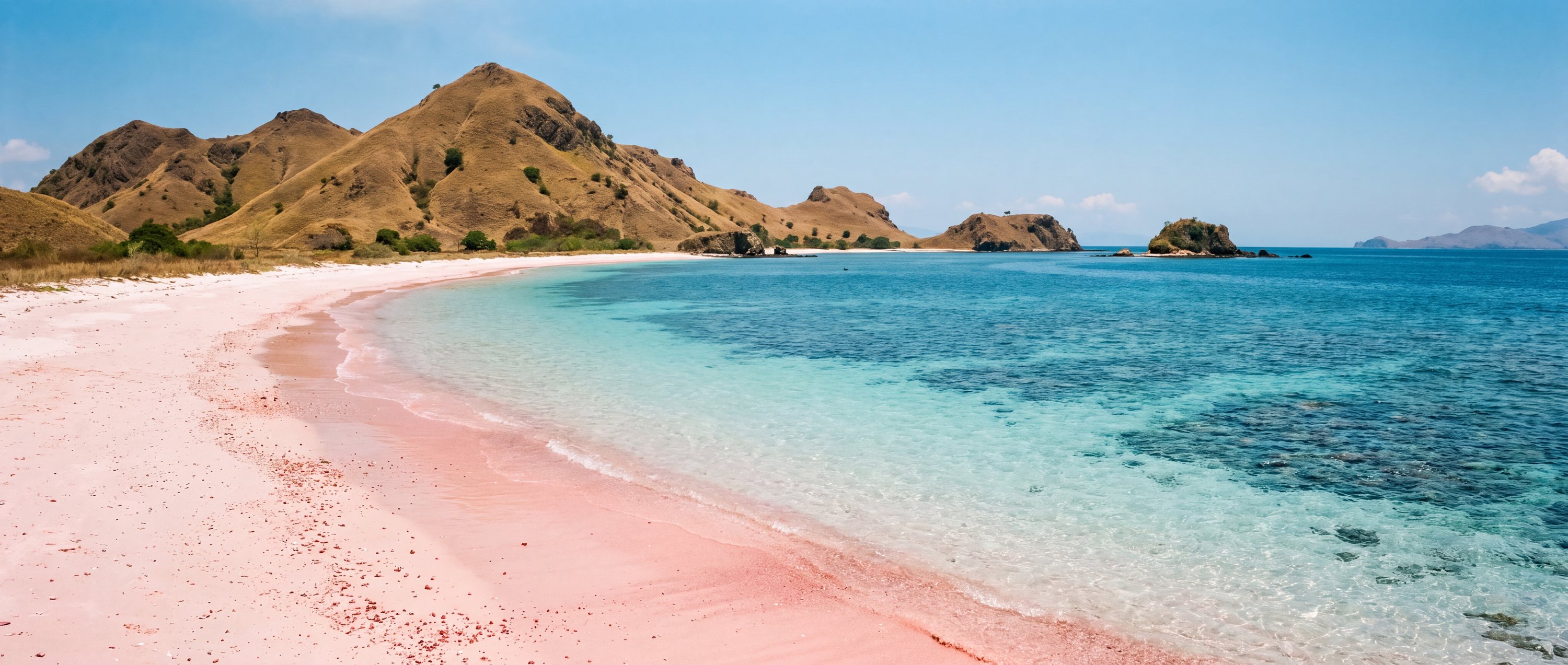 Wide view of Pink Beach (Pantai Merah), Komodo, Indonesia.