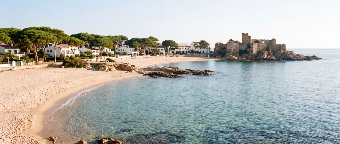 Wide view of Platja de la Fosca, Palamos, Costa Brava.