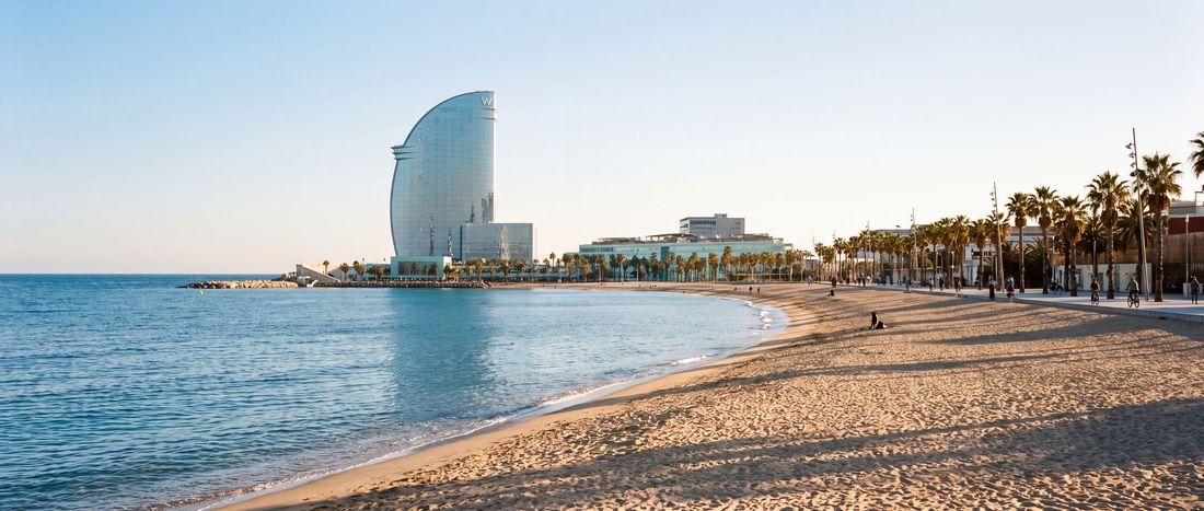 Wide view of Platja del Somorrostro, Barcelona.