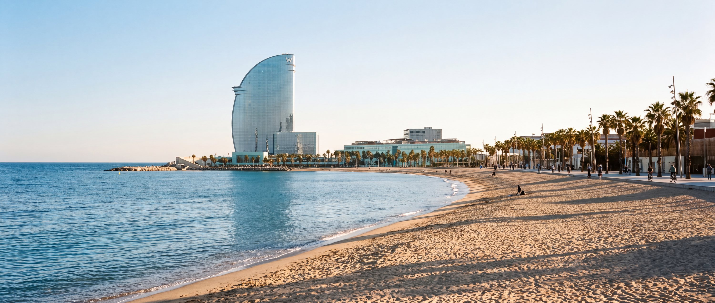 Wide view of Platja del Somorrostro, Barcelona.