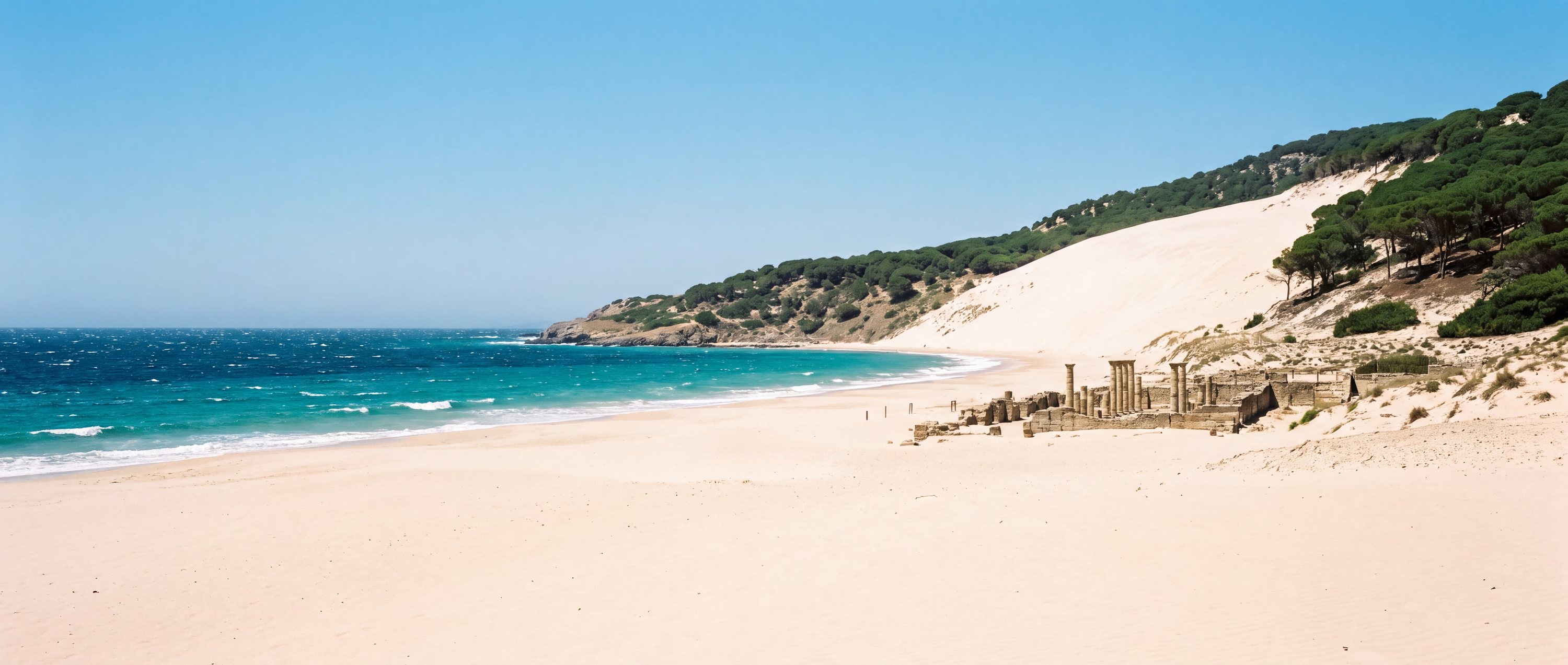 Wide view of Playa Bolonia, Tarifa, Cadiz, Andalusia.