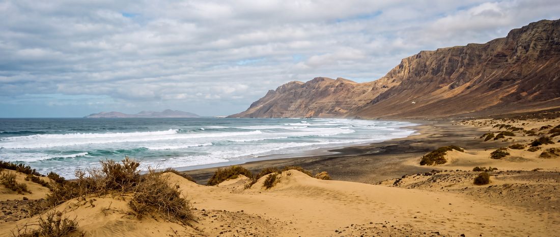 Wide view of Playa de Cofete, Fuerteventura, Canary Islands.