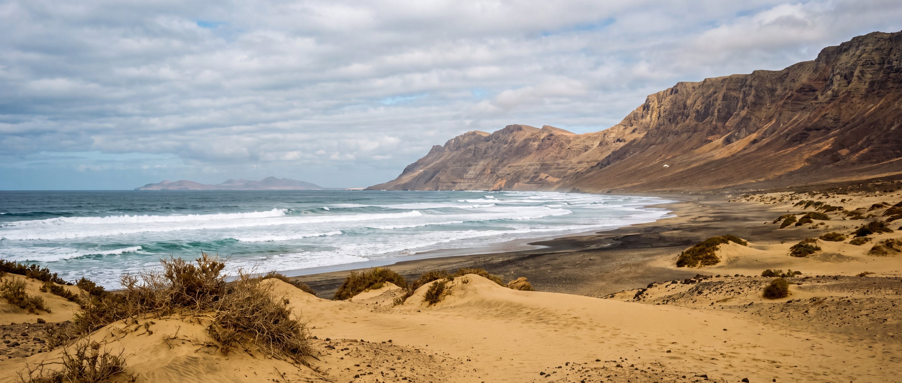 Wide view of Playa de Cofete, Fuerteventura, Canary Islands.