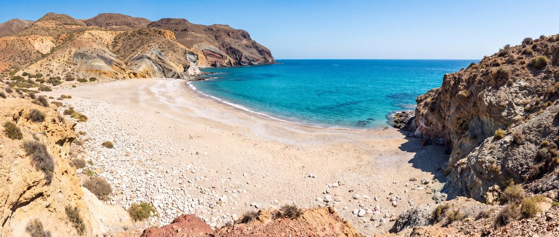 Wide view of Playa de los muertos, Carboneras, Cabo de Gata-Nijar, Almeria, Andalusia.