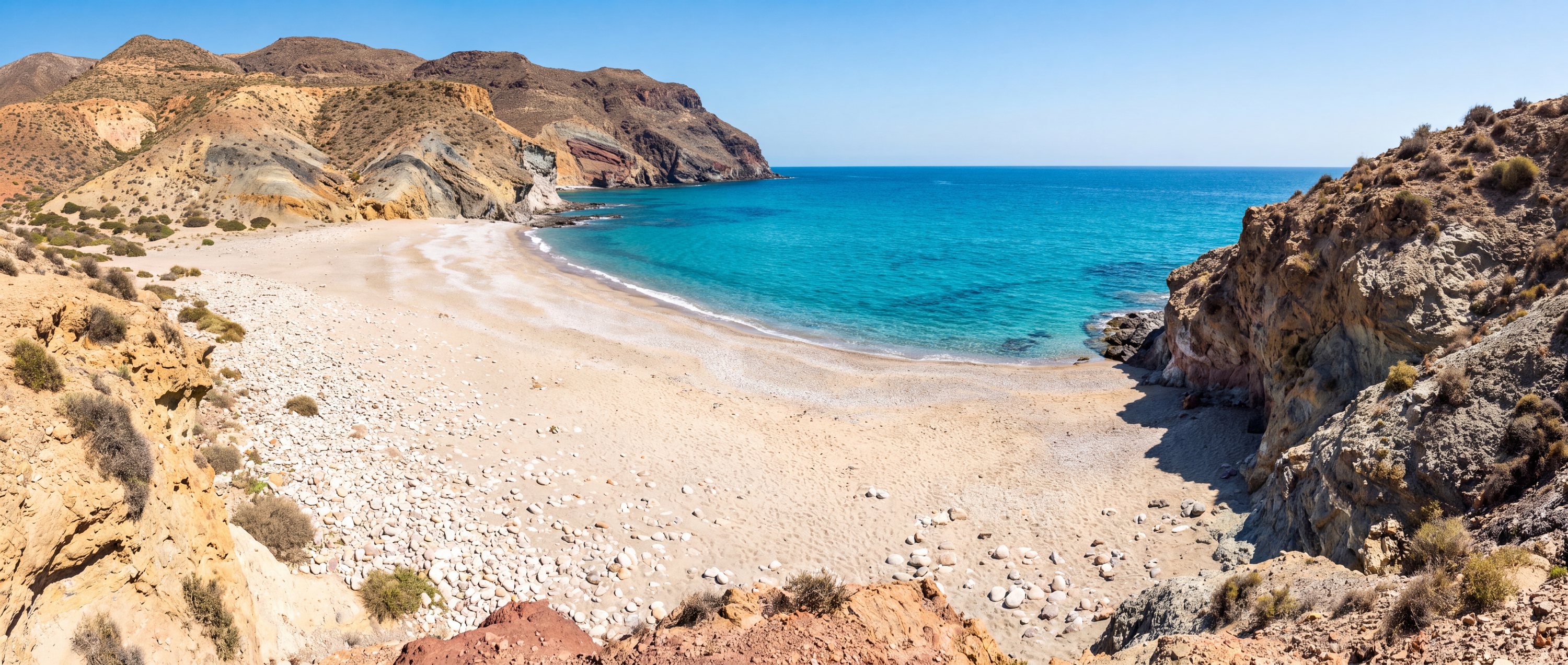 Wide view of Playa de los muertos, Carboneras, Cabo de Gata-Nijar, Almeria, Andalusia.